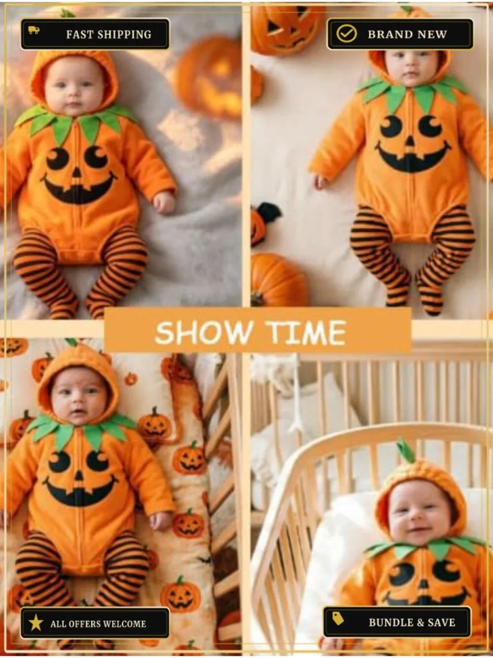 Infant Pumpkin Halloween Costume Set Hoodie Top Striped Pants Fall Outfit
